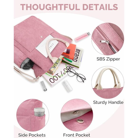 Prite Women Pink Corduroy Large Hobo Shoulder Crossbody Tote Bag With Pockets - Picture 5 of 6